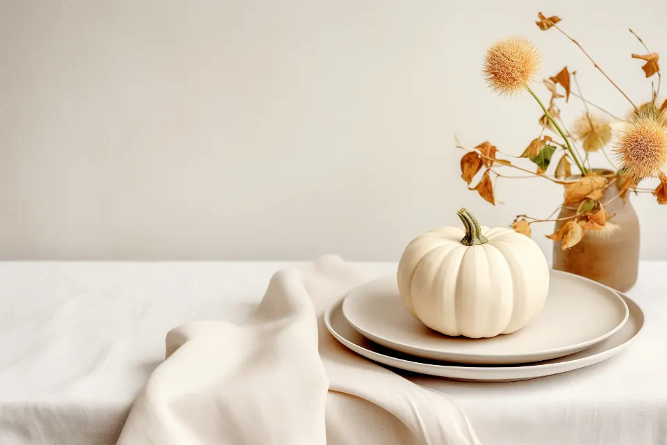 Dollar Tree fall finds on a counter: faux pumpkins, glass vases, burlap runners and LED candles