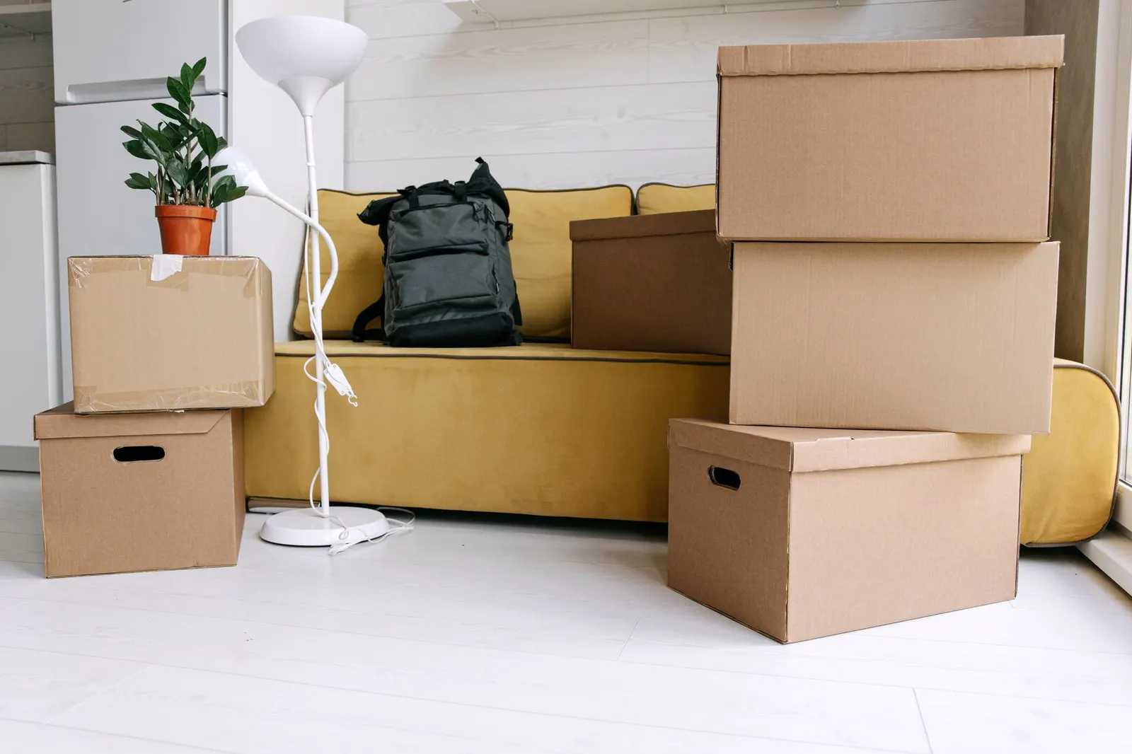 Small furnished apartment with a compact sofa, round coffee table, floor lamp and moving boxes by the window