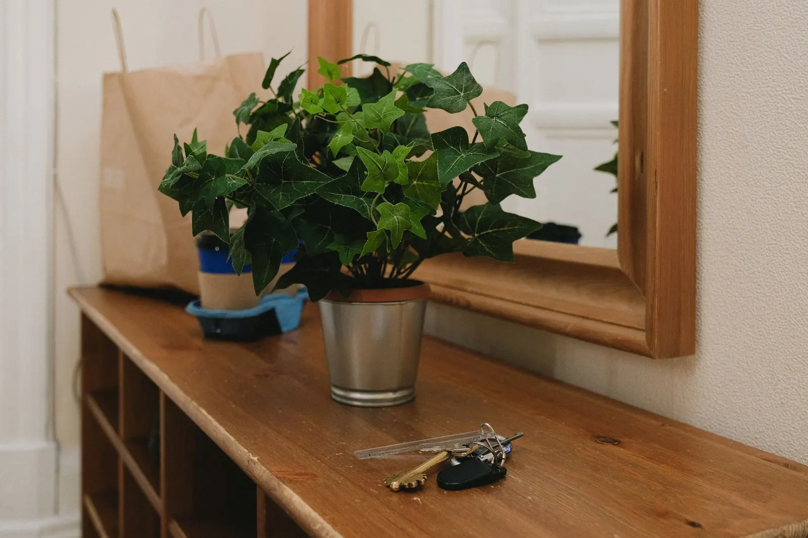 Wooden entry table with a potted plant, a mirror and a set of keys