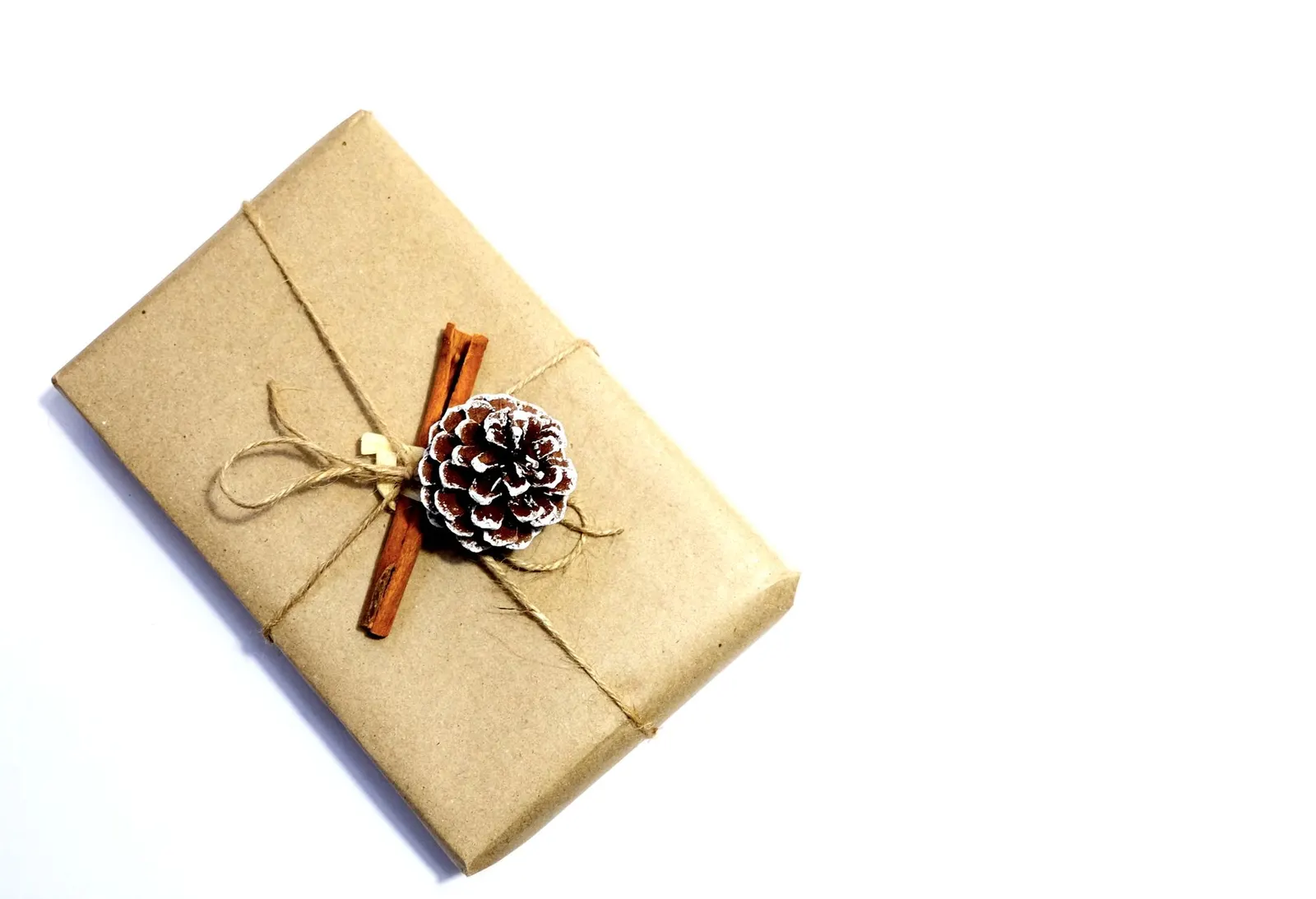 Gift wrapped in brown kraft paper with twine, a pinecone and a cinnamon stick