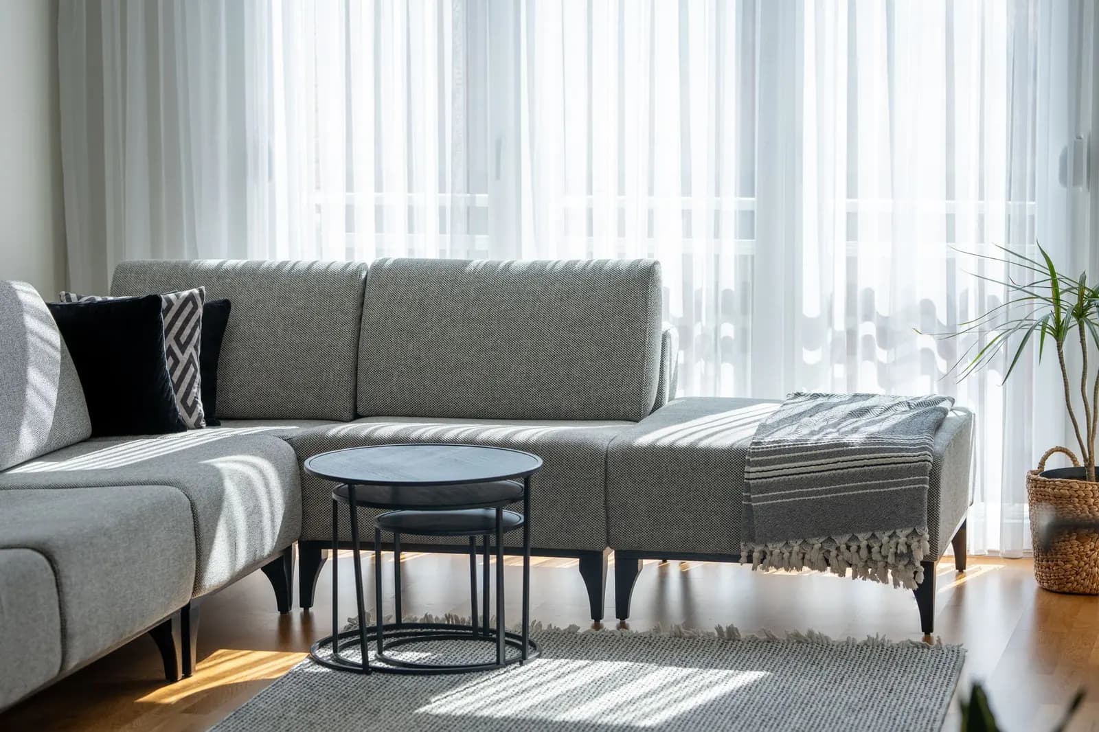 Bright and stylish living room with gray sectional sofa, black table, and natural sunlight. Ideal for minimalist interior design inspiration.
