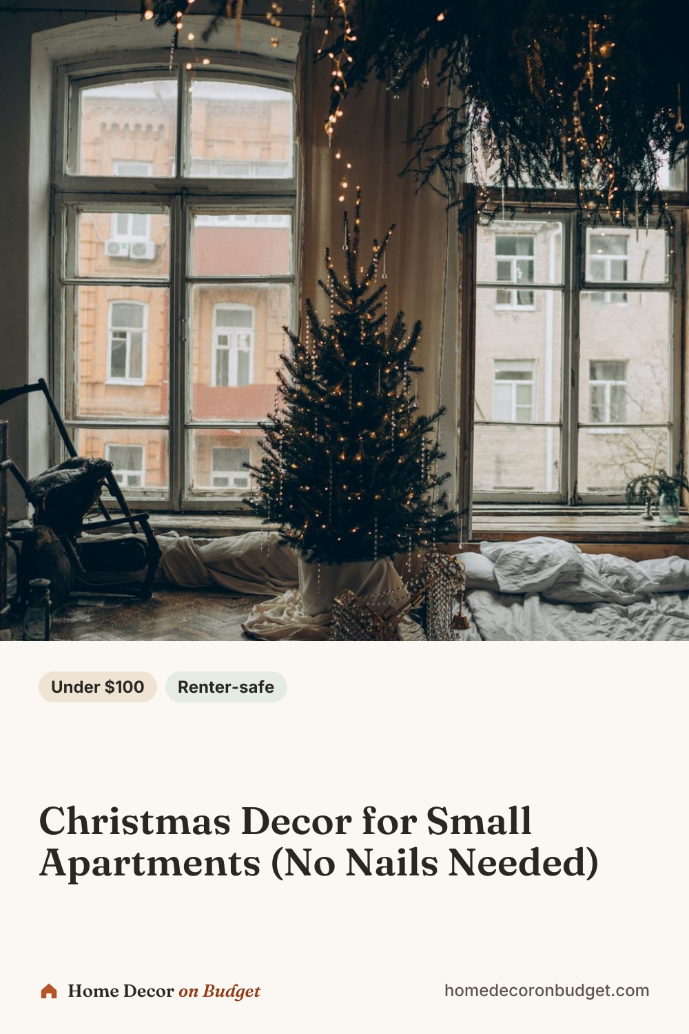 Pinterest pin: Christmas Decor for Small Apartments (No Nails Needed)